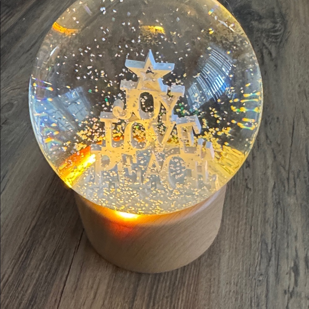 Joy Love Peace Snow Globe with Wooden Base